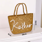 Personalized Handmade Straw Bucket Bag – Custom Name Boho Beach Travel Gift for Women
