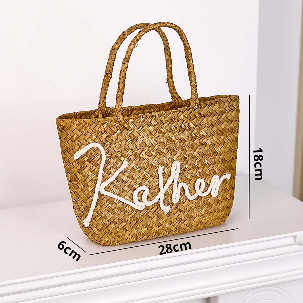Personalized Handmade Straw Bucket Bag – Custom Name Boho Beach Travel Gift for Women