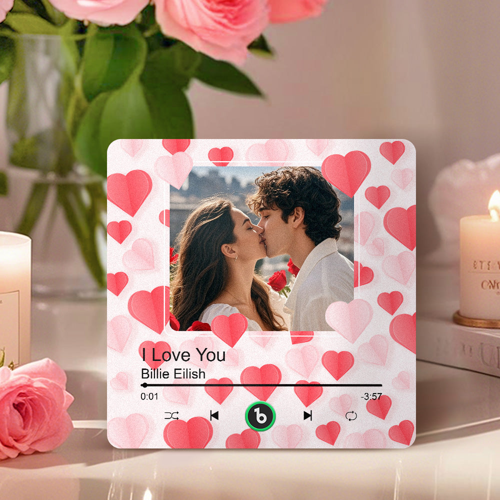 Personalized Photo Music Fridge Magnet with Hearts – Custom Song Valentine's Day Gift