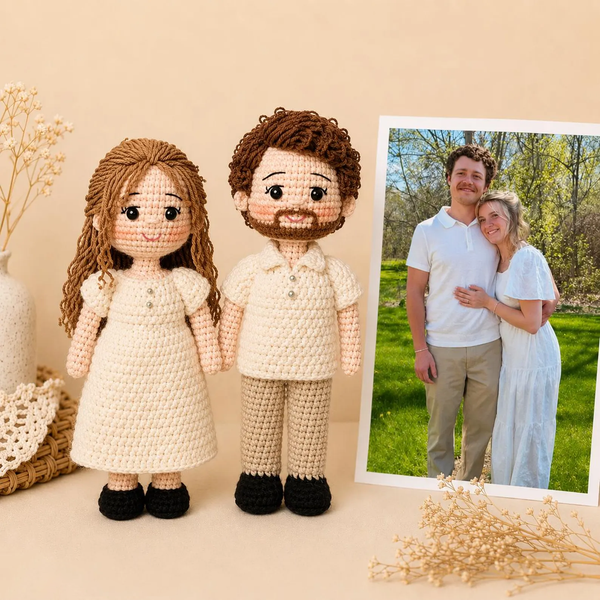 Custom Crochet Couple Dolls from Photo, Personalized Wedding Gift, Handmade Anniversary Portrait Look Alike Dolls, Cute Engagement Keepsake