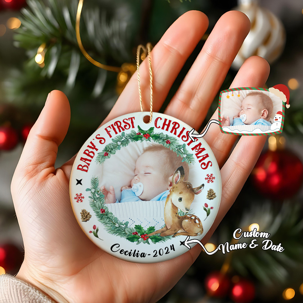 Custom Photo Gifts for Kid Baby's First Christmas Deer Ornament