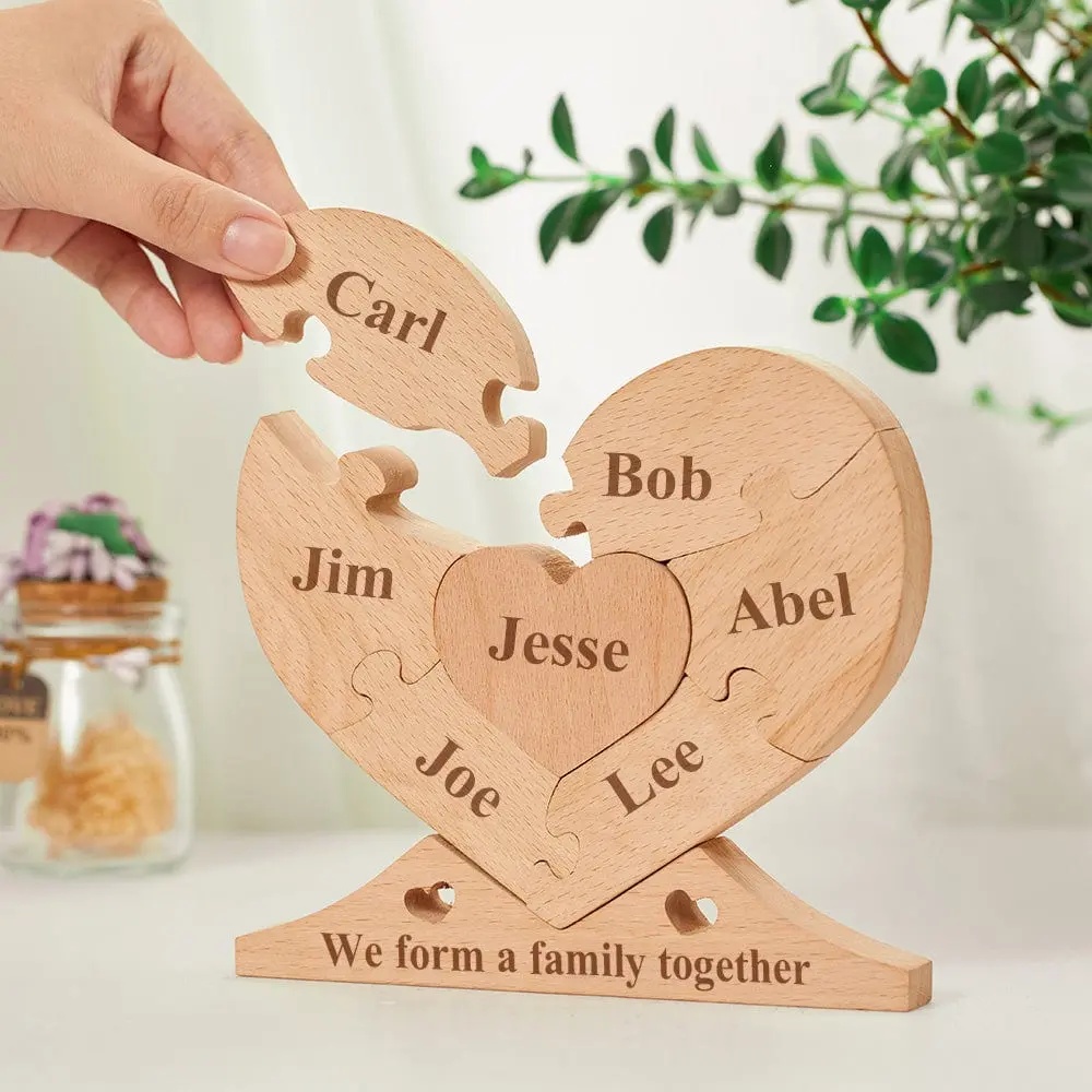 Custom Name Gifts for Family Engraved Wooden Name Heart Puzzle