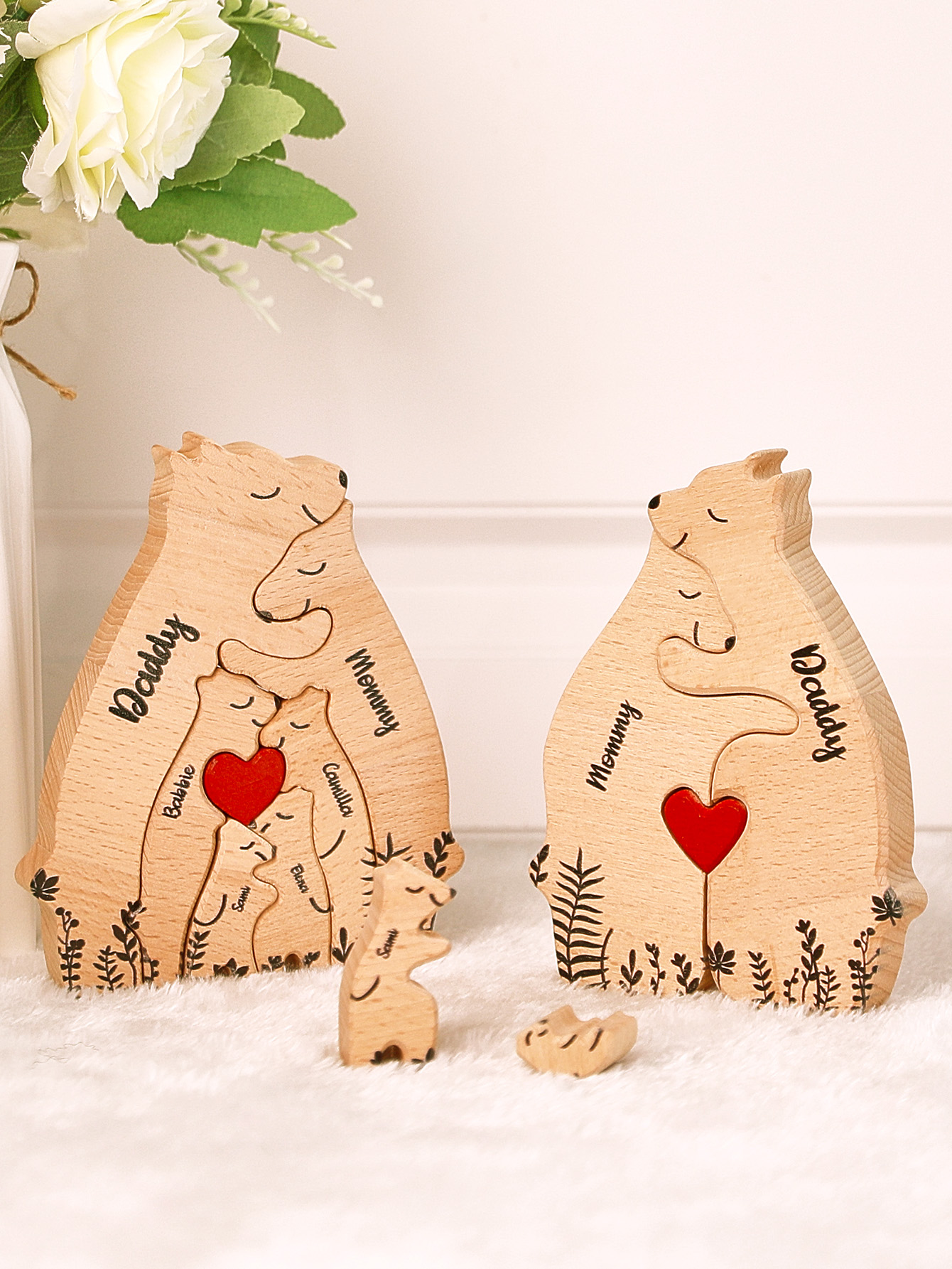 Custom Name Gifts for Family Wooden Heart Bear Puzzle