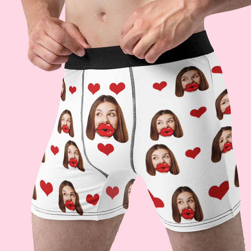 Custom Face Gifts for Him Red Lips and Heart Boxer Underwear