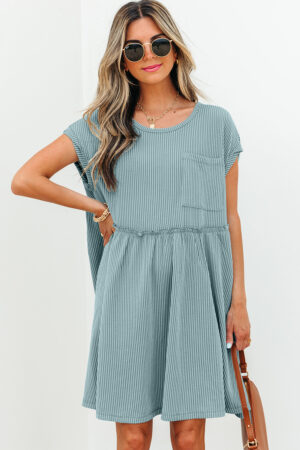Dusty Pink Corded Knit Textured Patched Pocket Frilled Swing Mini Dress with Pockets