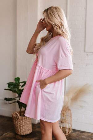 Sky Blue Solid Color Pocketed Raw Edge Babydoll Dress