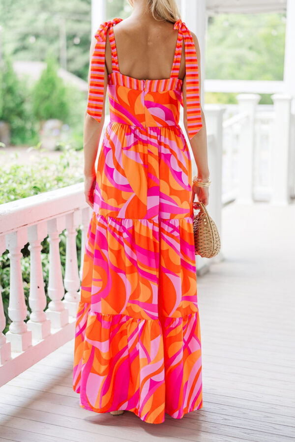 Red Abstract Print Knotted Shoulder High Waist Maxi Dress - Image 2