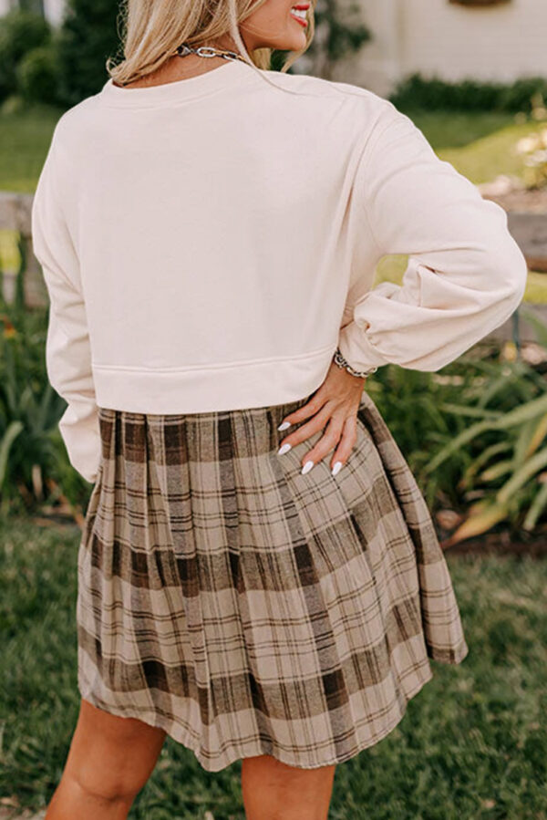 Beige Plaid Patchwork High Waist Sweatshirt Mini Dress - Image 2