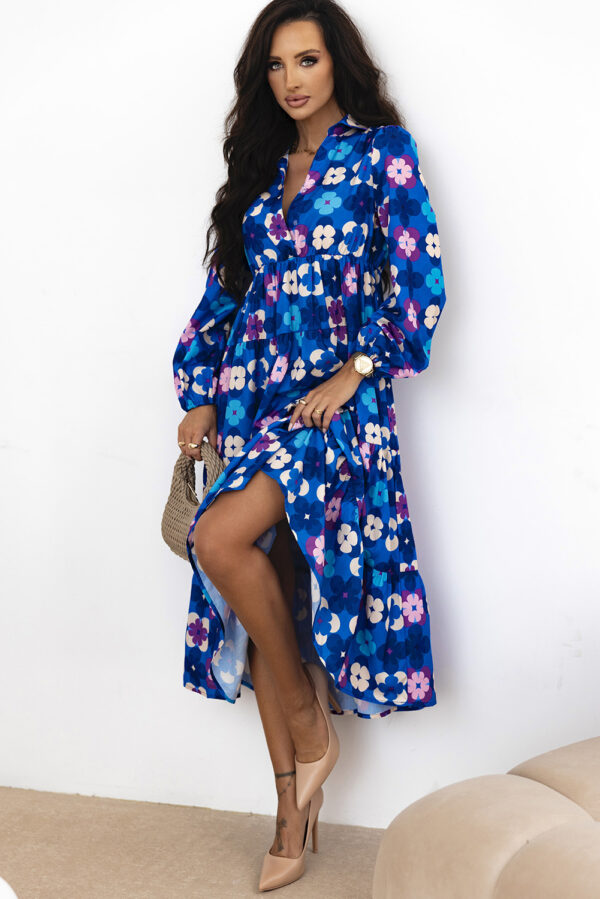 Blue Floral Peasant Sleeve Tiered Ruffle Midi Dress - Image 3