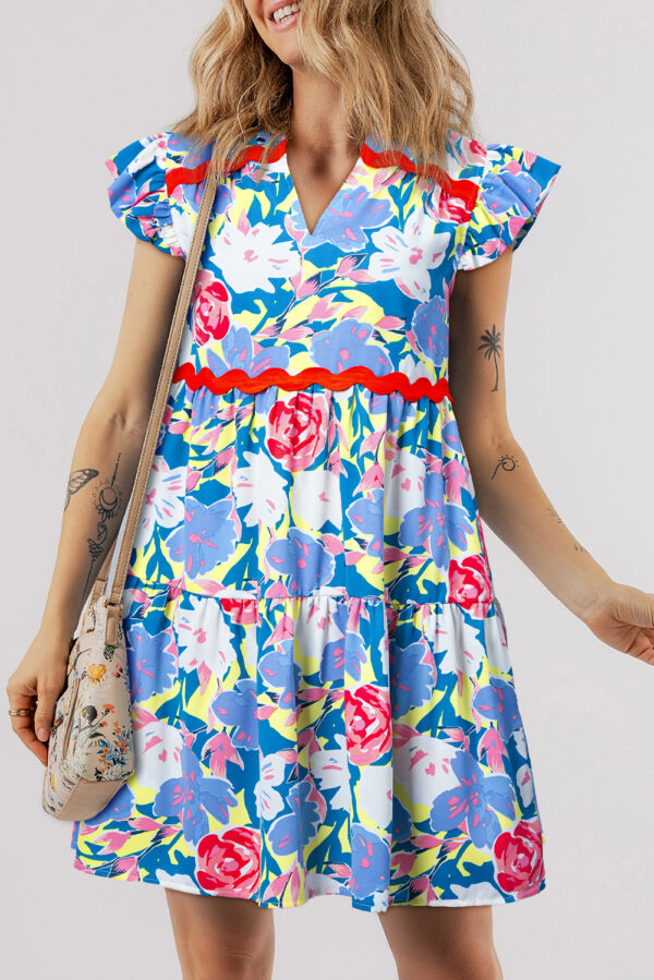 Pink Floral Printed V Notched Ric Rac Flutter Sleeve Dress - Image 4