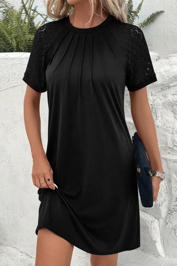 Light French Beige Contrast Lace Raglan Sleeve Pleated Detail Shift Dress - Image 4