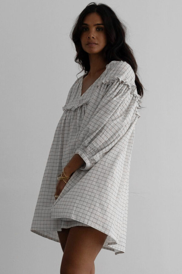 White Stripe Checkered Frilled V Neck Bracelet Sleeve Babydoll Dress - Image 3