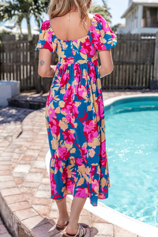 Dark Blue Square Neck Bubble Sleeve Ruffled Floral Dress - Image 2