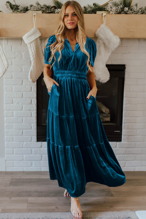 Prussian Blue Velvet Short Sleeve Shirred Waist Tiered Maxi Dress - Image 2