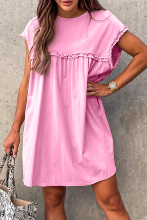 Mint Green Frilled Trim Crew Neck Loose Fit Mini Dress