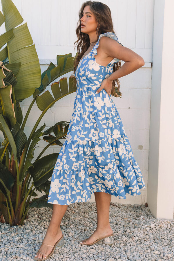 Sky Blue Floral U Neck Flutter Shoulder Tiered Flowy Midi Dress - Image 3