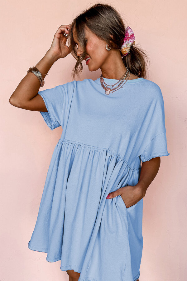 Sky Blue Solid Color Pocketed Raw Edge Babydoll Dress - Image 3