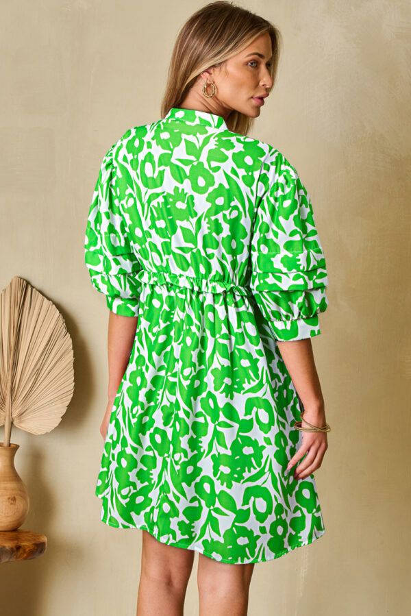Green Floral Print Puff Half Sleeve V Neck Babydoll Dress - Image 2