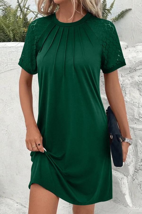 Light French Beige Contrast Lace Raglan Sleeve Pleated Detail Shift Dress - Image 7