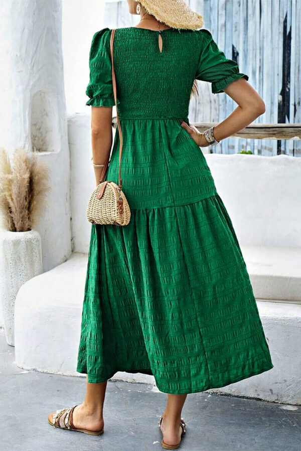 Dark Green Solid Textured Smocked Puff Short Sleeve High Waist Long Dress - Image 2