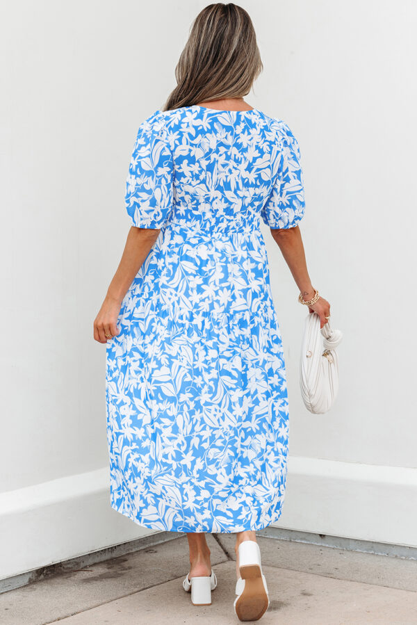 Sky Blue Floral V Neck Puff Short Sleeve Flowy Long Dress - Image 3