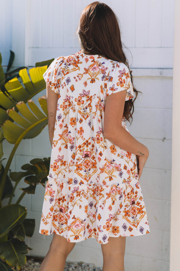 Apricot Floral Geometric Print Ruffled Trim Flutter Sleeve Mini Dress - Image 2