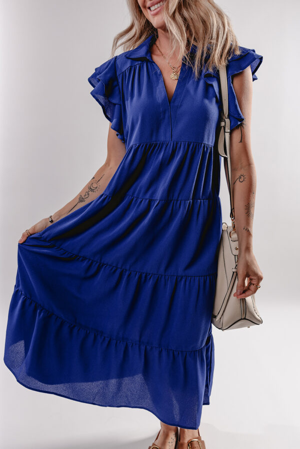 Bluing Ruffled Short Sleeve Collared V Neck Tiered Midi Dress - Image 3