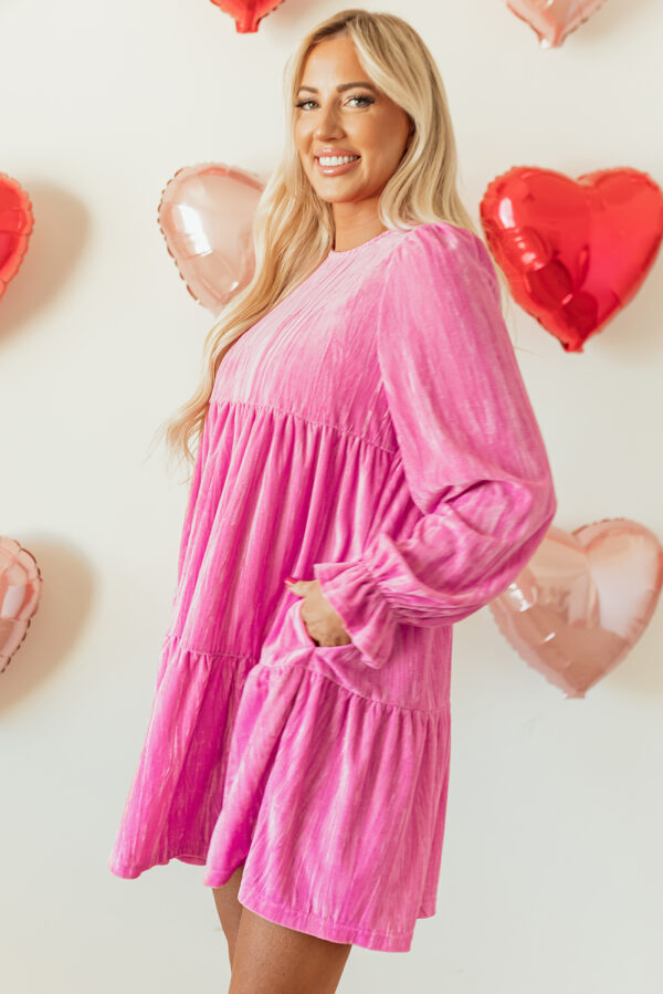 Strawberry Pink Flounce Sleeve Tiered Ruffled Velvet Mini Dress - Image 3