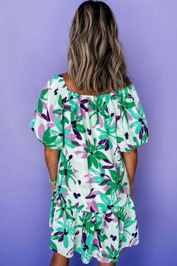 Green Floral Print Shirred Square Neck Loose Fit Mini Dress - Image 2