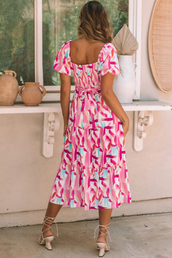 Pink Brush Stroke Printed Smocked Ruffle Tiered Dress - Image 2