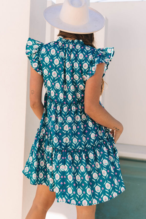 Blue Retro Floral Print Split Neck Ruffle Short Sleeve Dress - Image 2