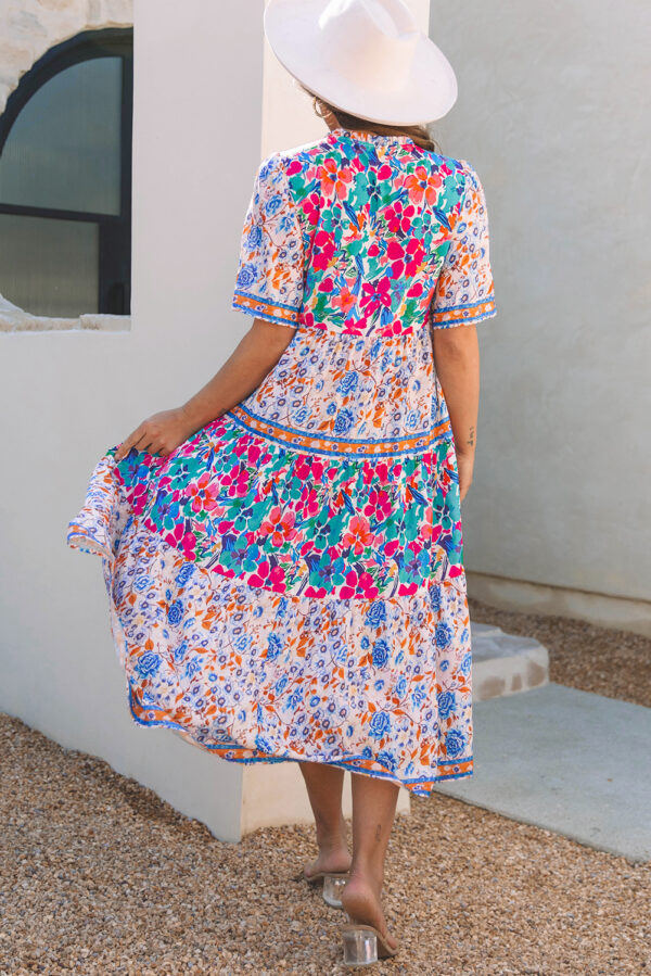 Sky Blue Mixed Floral Print Tie Split Neck Short Sleeve Dress - Image 2