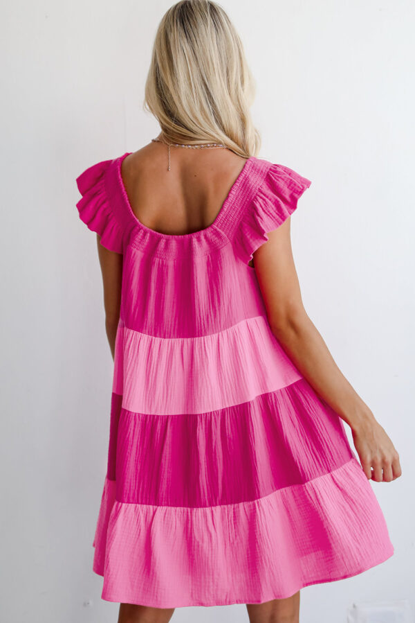 Pink Crinkled Colorblock Patchwork Flutter Tiered Mini Dress - Image 2
