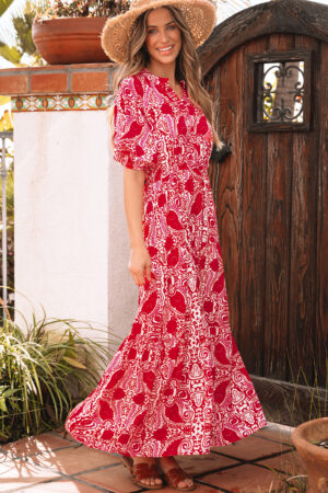 Red Paisley Print Side Slit Puff Sleeve High Waist Maxi Dress