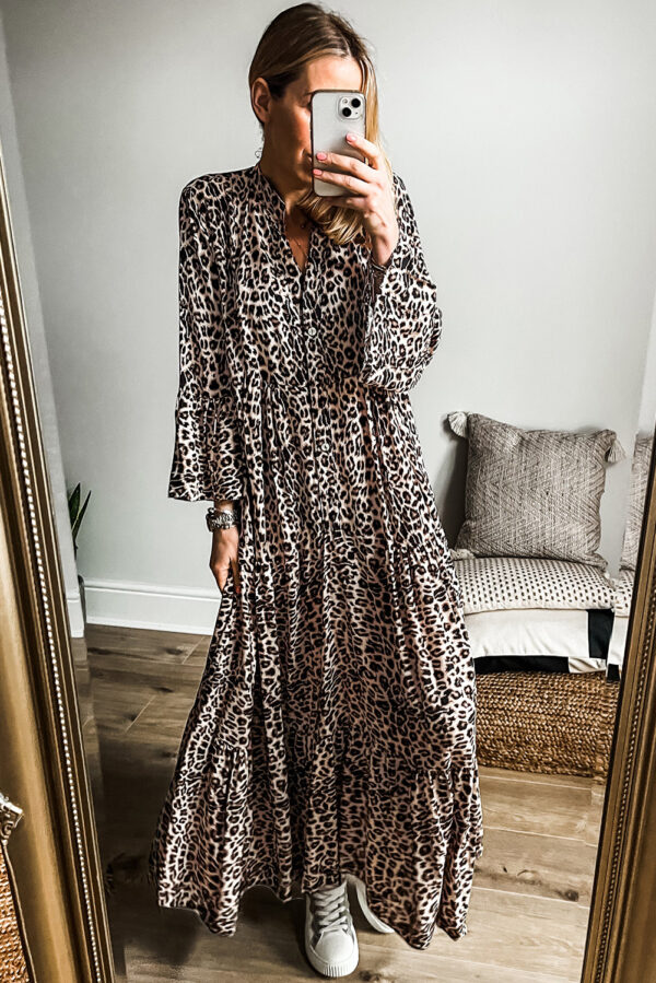 Apricot Leopard Print Tiered Wide Sleeve Maxi Dress - Image 3