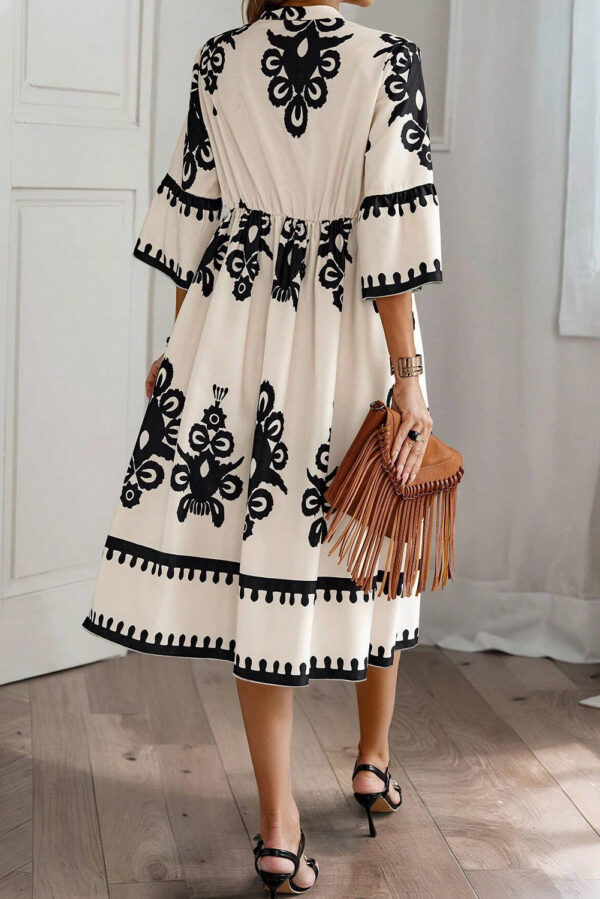 Black Western Geometric Print 3/4 Sleeve Loose Midi Dress - Image 5