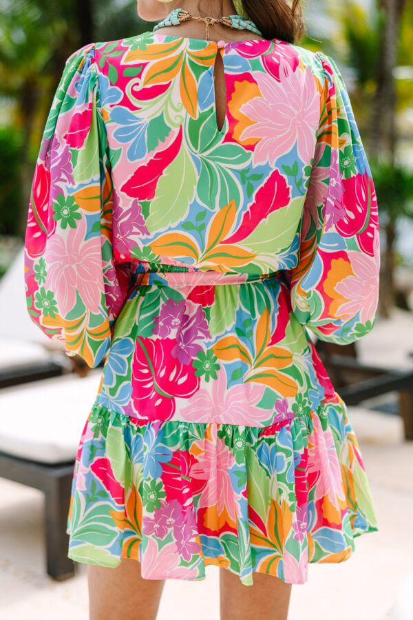 Green Multicolor Botanical Bubble Sleeve Mini Dress - Image 3