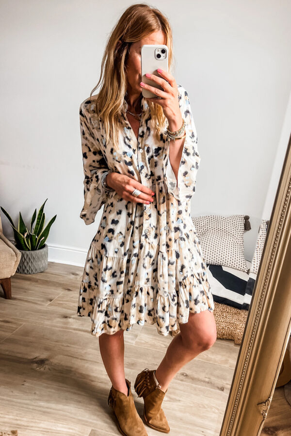 Khaki Leopard Print Buttoned Front 3/4 Sleeve Tiered Ruffled Hem Dress - Image 3