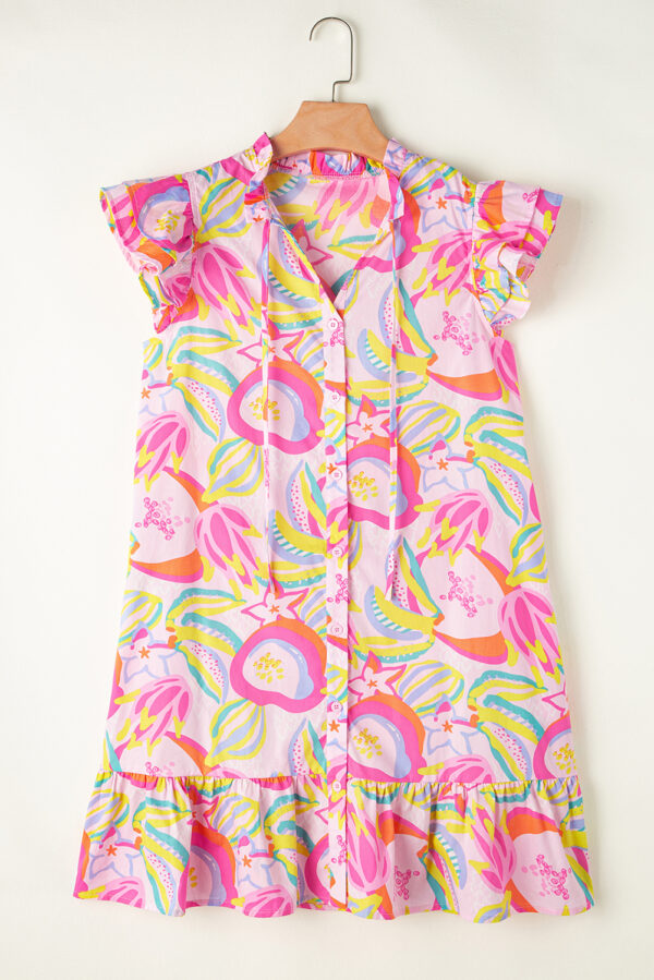 Pink Abstract Floral Ruffle Trim Flutter Sleeve Buttoned Dress - Image 3