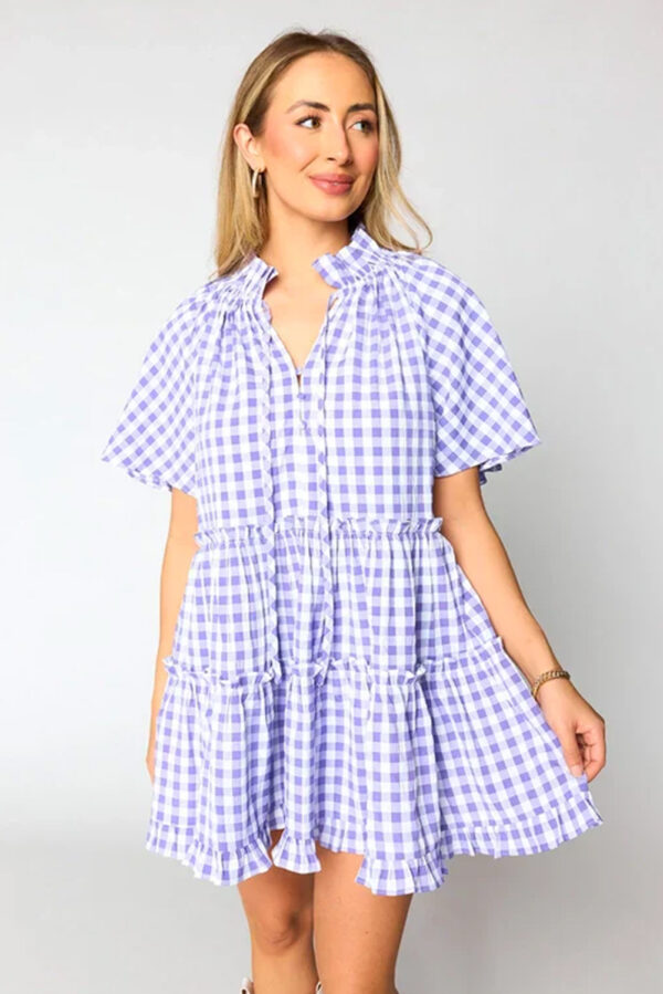 Lavendula Plaid Ruffle Wide Short Sleeve Babydoll Mini Dress - Image 3