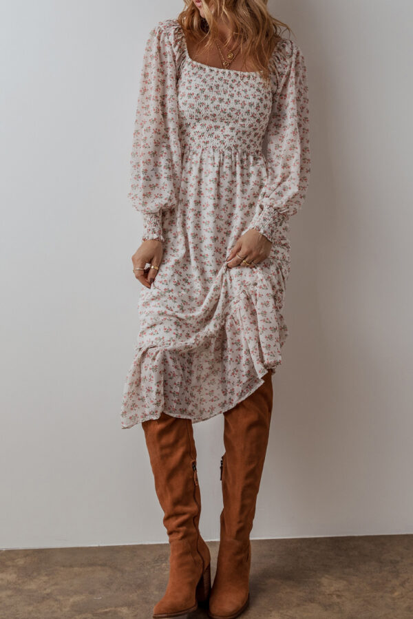White Floral Print Shirred Ruffled Hem Square Neck Midi Dress - Image 3