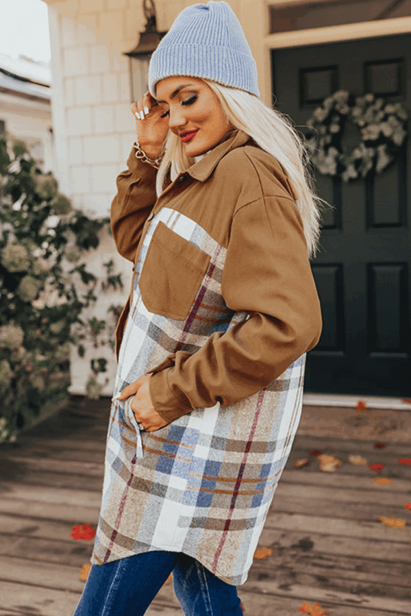 Khaki Plaid Patchwork Long Sleeve Shirt Mini Dress - Image 3
