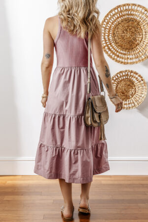 Myosotis Ribbed Vest Patchwork Tiered Midi Dress with Pockets