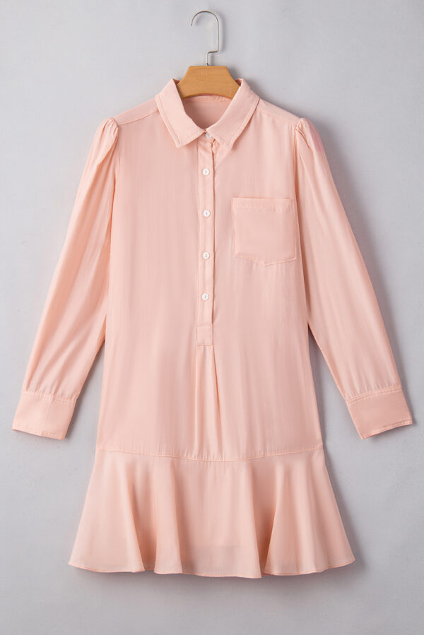 Delicacy Solid Color Flounce Hem Buttoned Turn Down Collar Dress - Image 3
