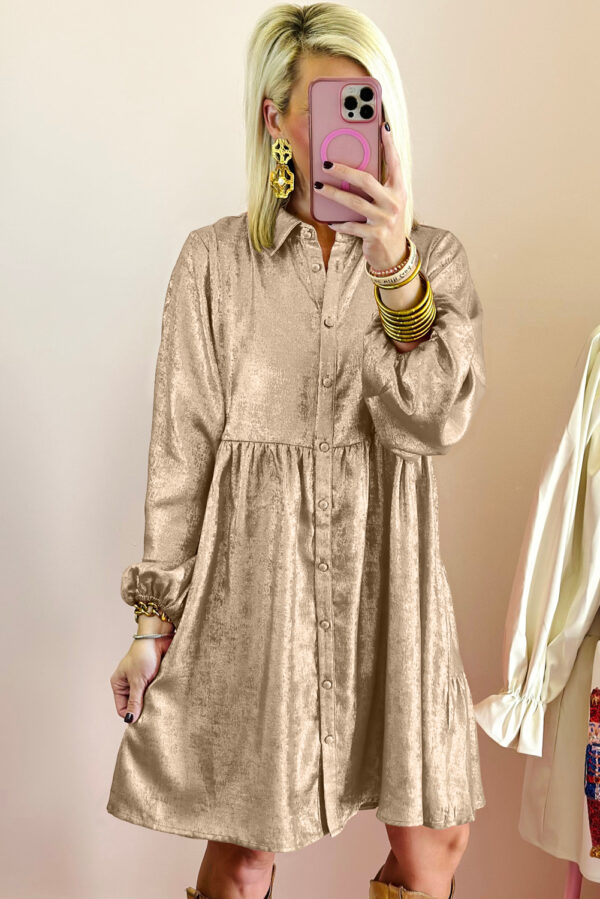 Apricot Metallic Sheen Puff Sleeve Button Up Mini Shirt Dress - Image 3