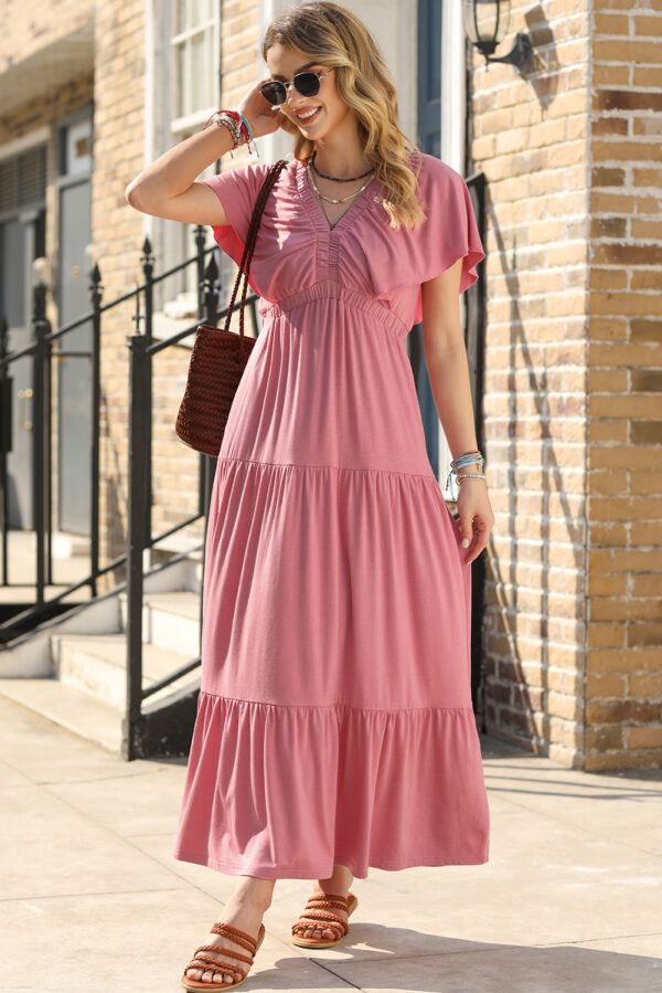 Rose Pink Textured V Neck Flutter Sleeve Ruffled Maxi Dress - Image 3