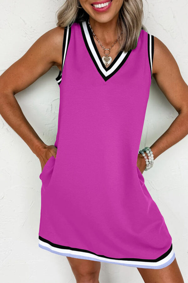 Mint Green Color Contrast Trim V Neck Shift Sleeveless Mini Dress - Image 4