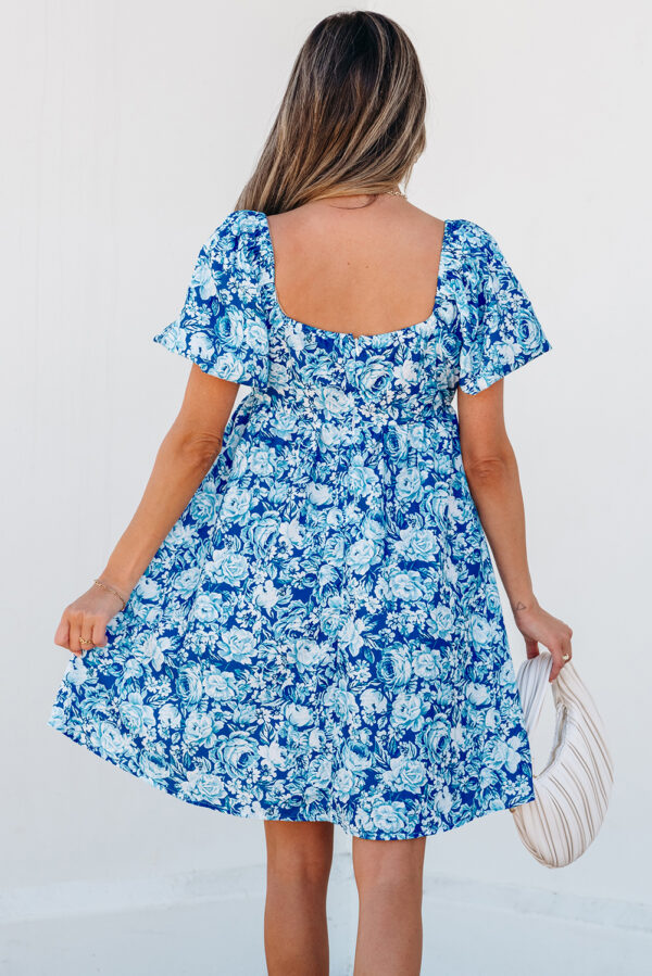 Blue Floral Puff Sleeve Babydoll Mini Dress - Image 2