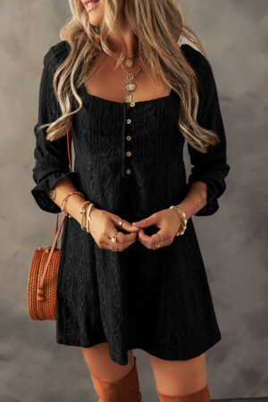 Chestnut Lace Crochet Buttoned Square Neck Shift Mini Dress