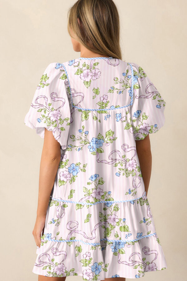 Pink Floral Striped Print Contrast Trim Tie Split Neck Mini Dress - Image 2